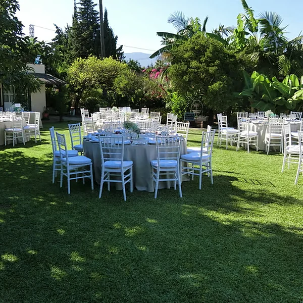 Round tables set for a garden reception