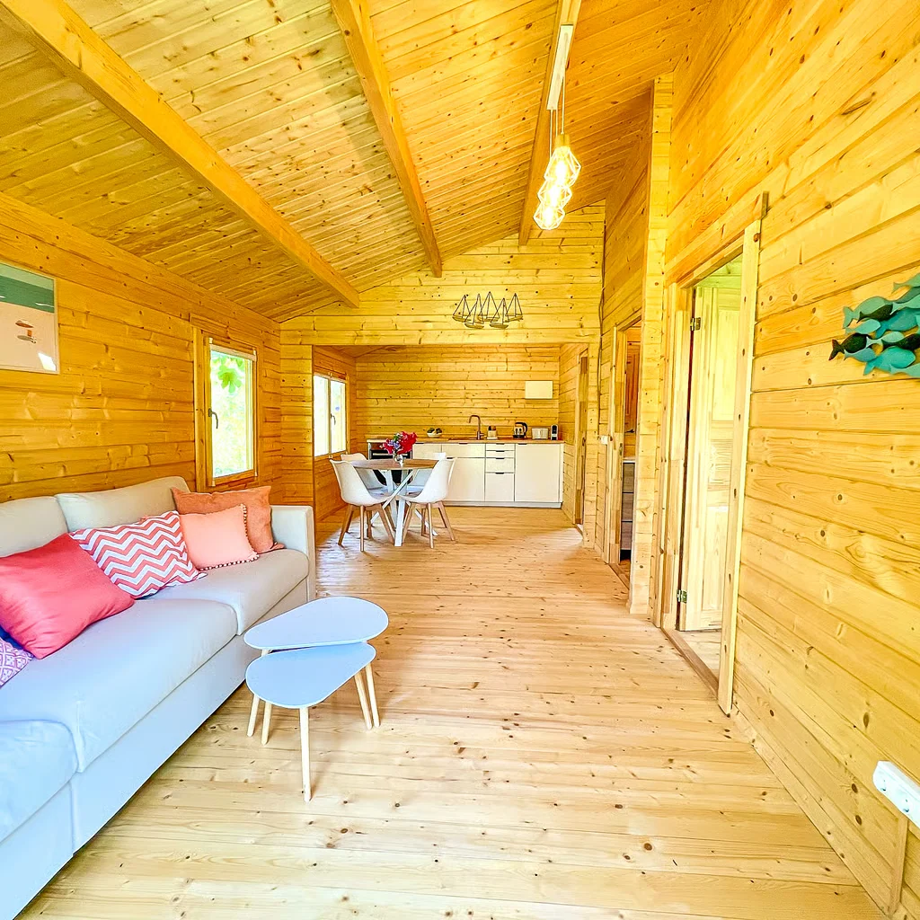 Interior of Casa Higo, a warm pine cabin