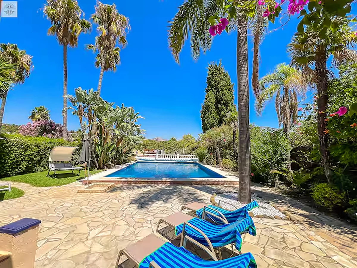 Pool reflecting the palms and mountains